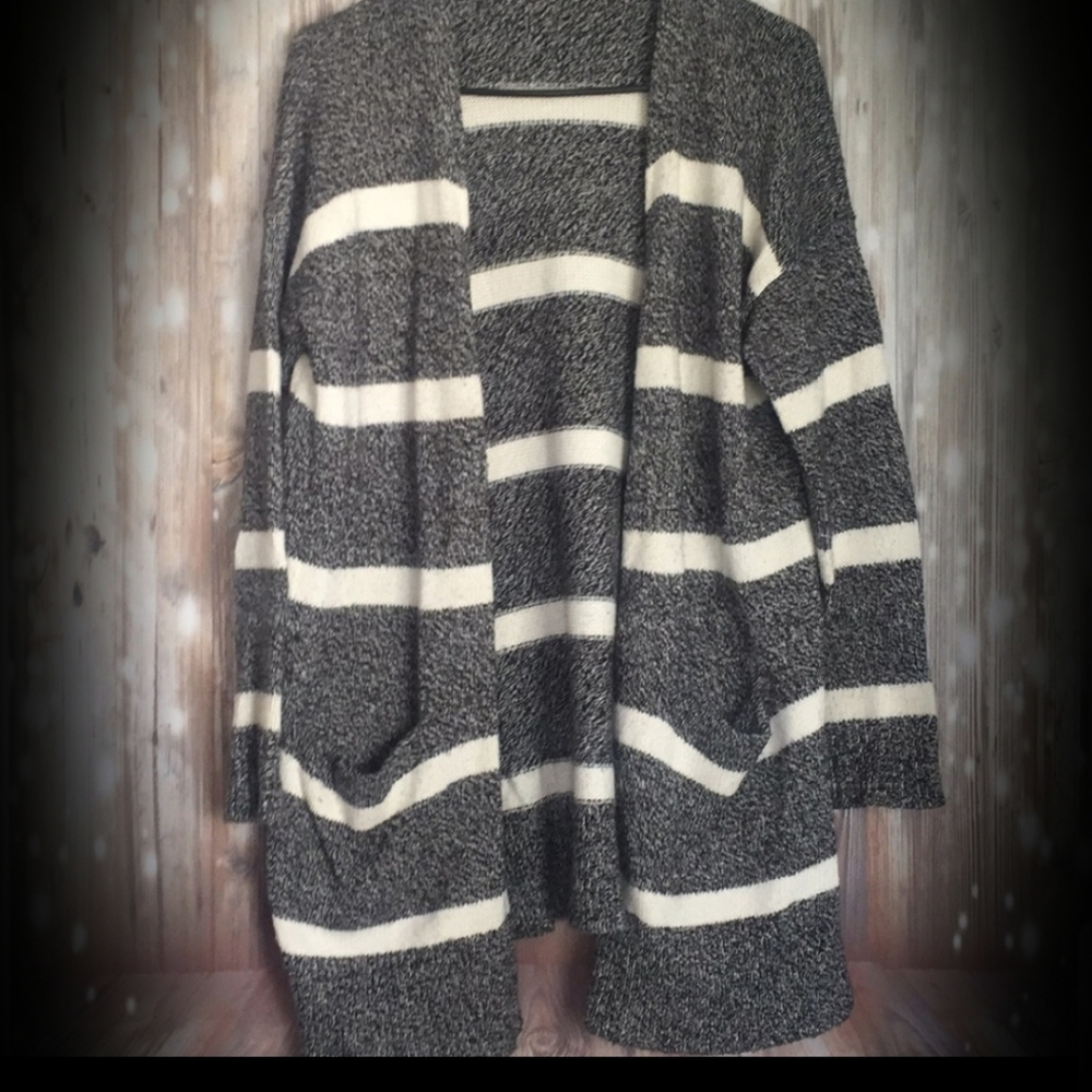 Madewell Medium Grey Stripe Sweater Open Cardigan